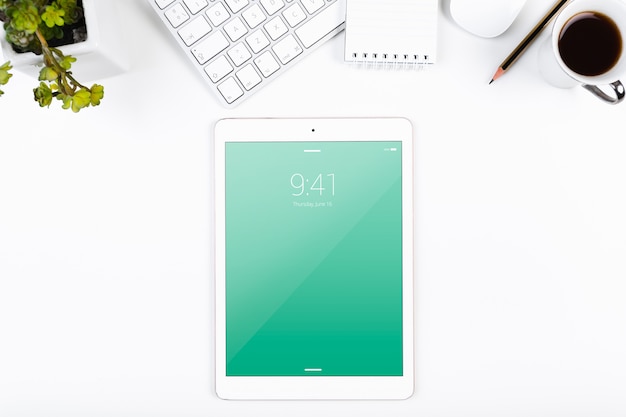 Download Top view tablet mockup on workspace PSD file | Free Download