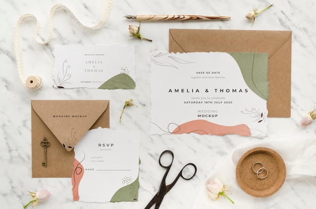 Download Free Psd Top View Of Wedding Cards With Ribbon And Scissors PSD Mockup Templates