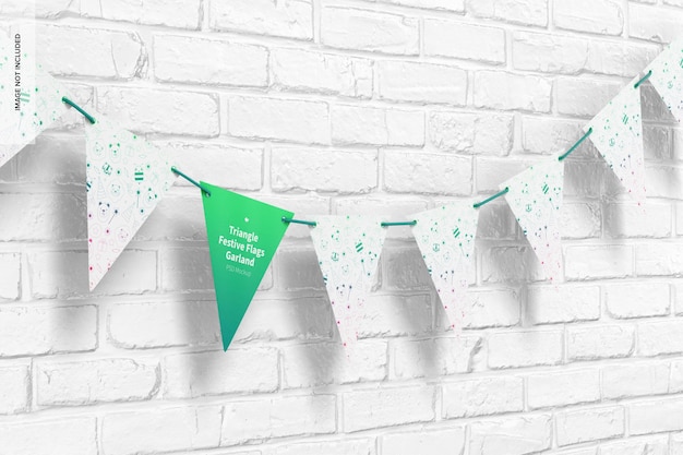 Premium PSD | Triangle festive flags garland mockup, hanging on wall