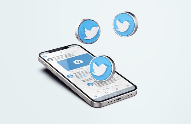 Twitter on silver mobile phone mockup with 3d icons Free Psd