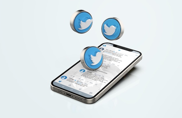 Twitter on silver mobile phone mockup with 3d icons Free Psd