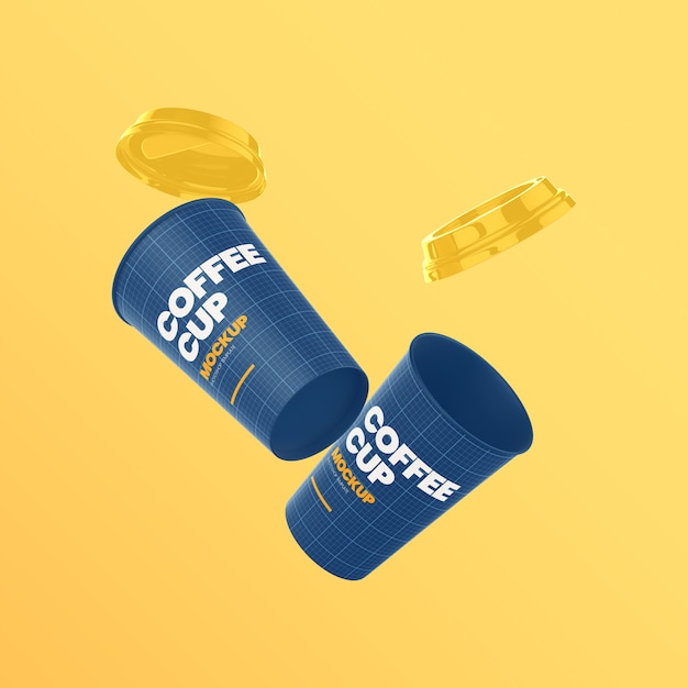 Download Premium Psd Two Coffee Paper Cups Flying With Caps Off Mockup PSD Mockup Templates