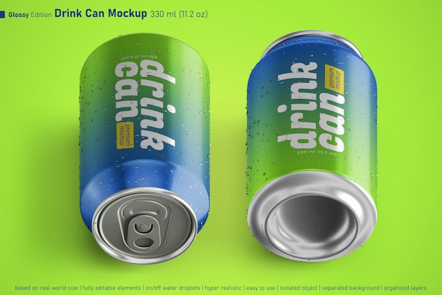 Download Premium Psd Two Glossy Aluminium Beverage Can 330ml Realistic Mockup With Water Droplets