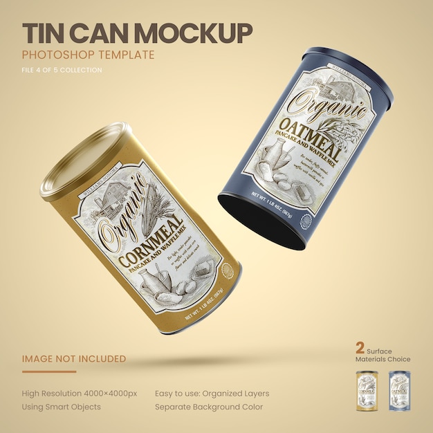 Premium PSD | Two large tin cans flying mockup