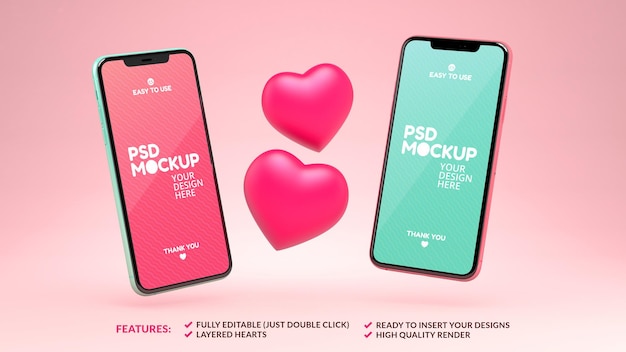 Two phones mockup with hearts for dating app design or valentines day Premium Psd
