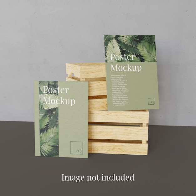 Download Two poster mockup with a stack of storage wood box PSD ...