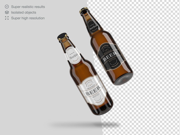 Download Two realistic floating beer bottles mockup template | Premium PSD File