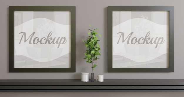 Two square frame mockup on the wall. couple black frame ...