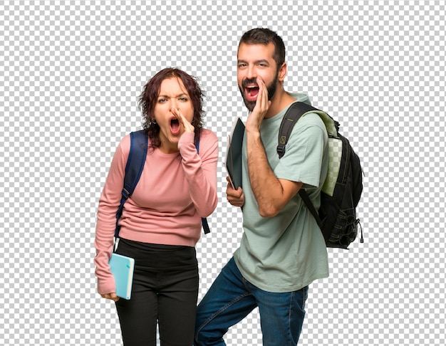 Two students with backpacks and books shouting with mouth wide open and announcing something Premium Psd