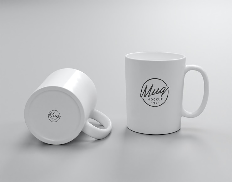 Premium PSD | Two white mugs mockup