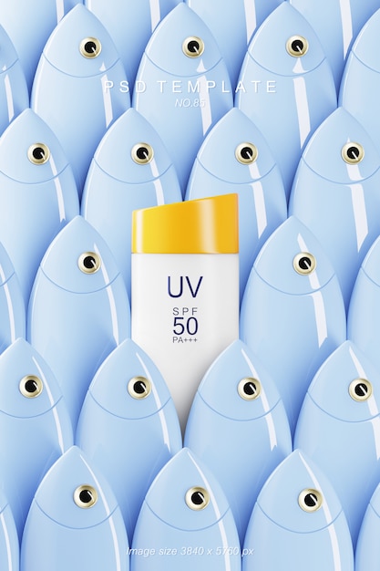 Download Uv sunscreen product packaging mockup with blue fish. 3d ...