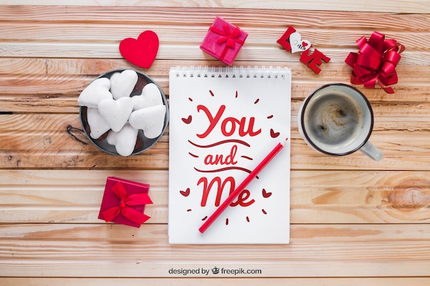 Valentine elements and notebook mockup | Free PSD File