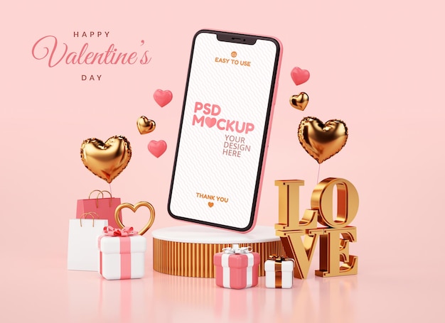  Valentines day phone screen mockup for card design or banner background in 3d rendering Premium Psd