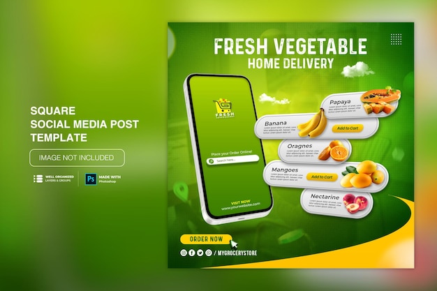 Vegetable and fruit grocery delivery social media instagram post template Premium Psd