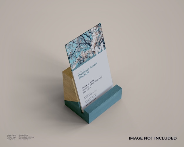 Download Vertical business card mockup with wood holder | Premium ... PSD Mockup Templates