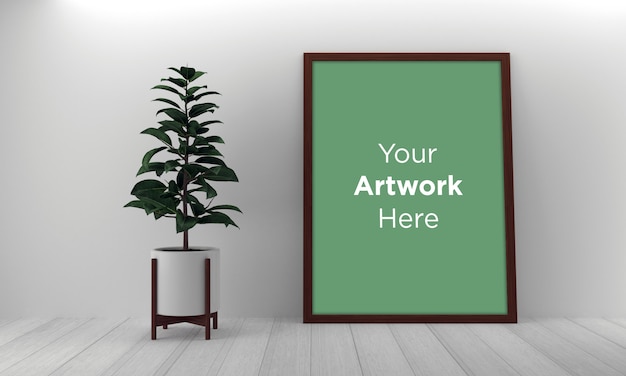 Download Premium Psd Vertical Frame Laying On Floor Mockup Design With Green Plant