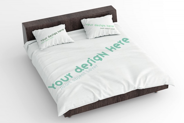 Download Premium PSD | View of a mockup of sheets and pillows on wooden bed frame