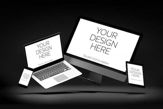 Download View of a mockup of smartphone, tablet, desktop computer ... PSD Mockup Templates