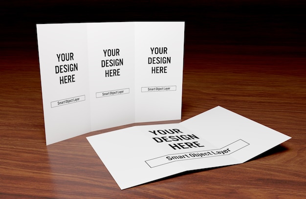 Premium PSD | View of a trifold brochure on wooden table mockup