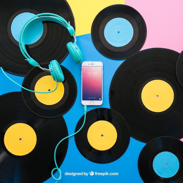 Download Vinyl mockup with headphones and smartphone PSD file | Free Download