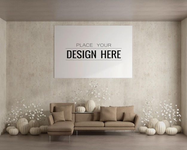 Free PSD Wall art or picture frame in living room mockup