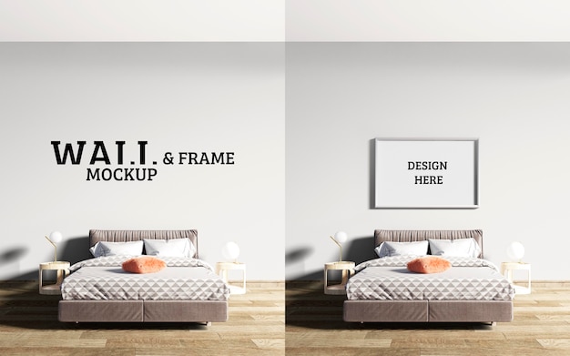 Wall and frame mockup bedroom has a bed with brown as the mainstream Premium Psd