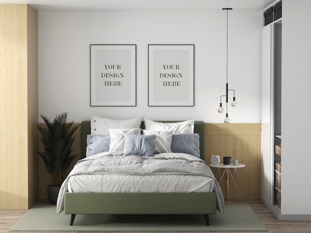 Wall frame mockup in a loft style bedroom Premium Psd