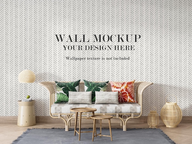 Download Premium PSD | Wall mockup design behind rattan sofa