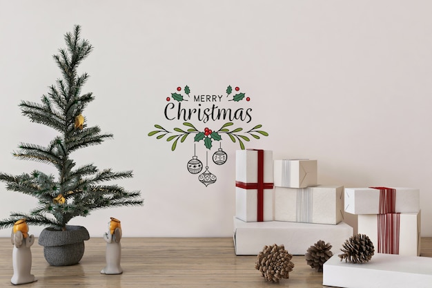 クリスマスツリーと装飾が施されたクリスマスコンセプトの壁のモックアップ プレミアムpsdファイル