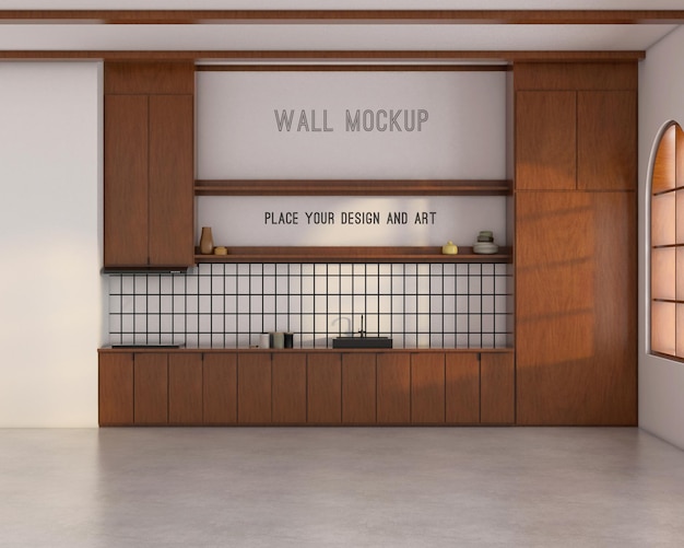 Wall mockup on kitchen with mid century style Premium Psd