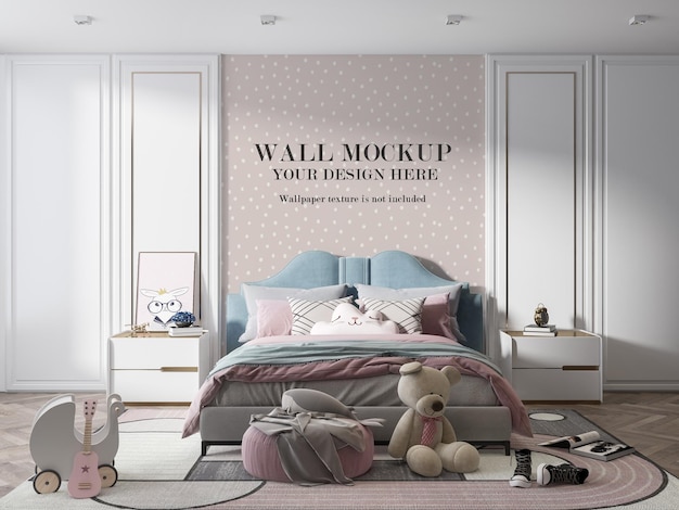 おもちゃで飾られた女の子の寝室の壁のモックアップ プレミアムpsdファイル