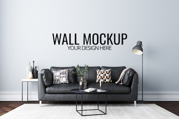 Download Wall mockup in white interior with sofa and decoration | Premium PSD File