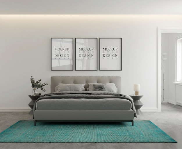 Download Premium Psd Wall And Poster Mockup In Modern Monochromatic Bedroom 3d Rendering