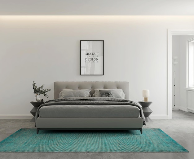 Download Premium Psd Wall And Poster Mockup In Modern Monochromatic Bedroom 3d Rendering