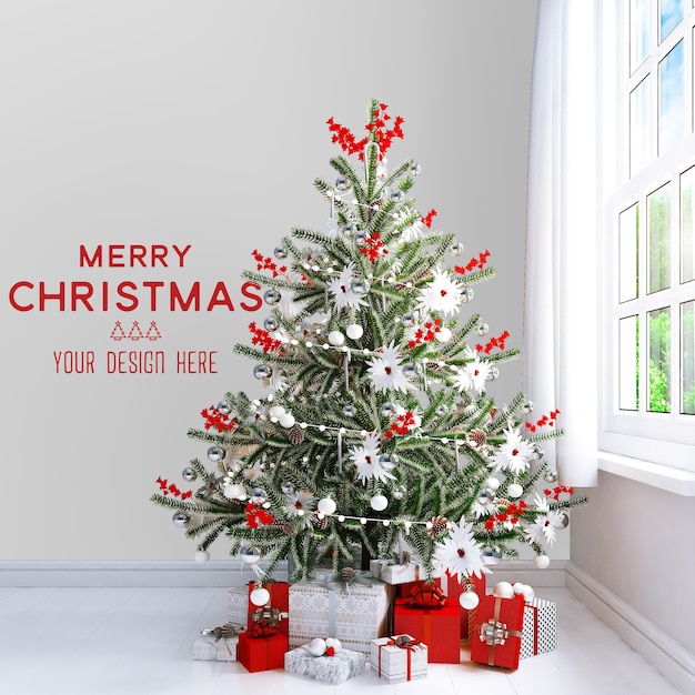 クリスマスツリーとギフトボックスの壁紙のモックアップ プレミアムpsdファイル