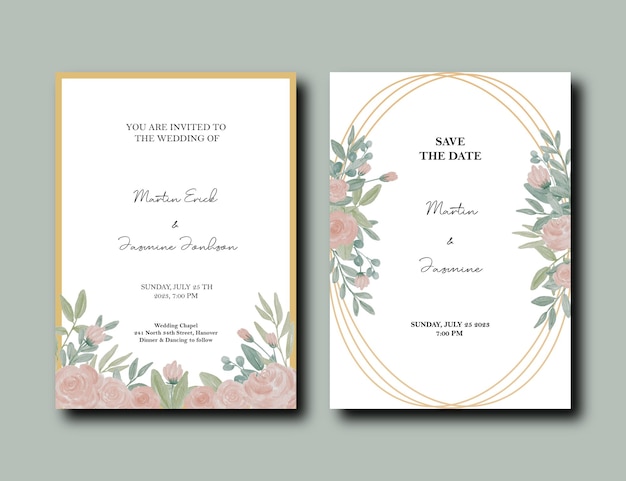 Premium PSD | Watercolor greeting card with roses and gold frame design