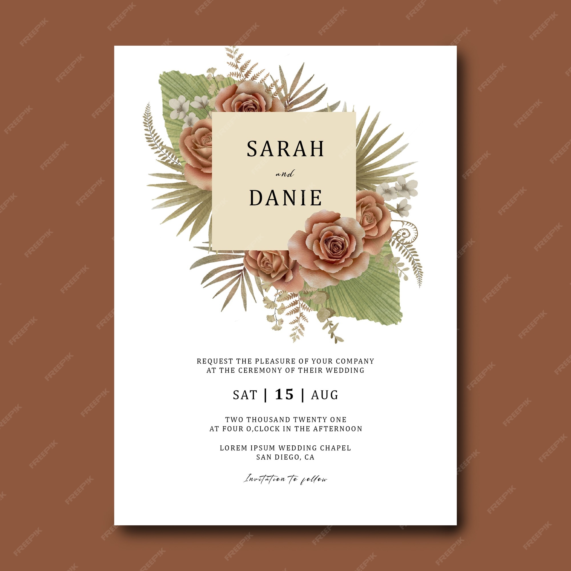 Premium PSD | Wedding invitation card template with a bouquet of ...