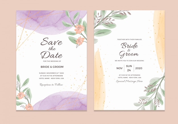 Wedding invitation card template with watercolor floral ...