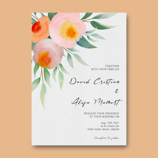 Wedding invitation card template with watercolor flower