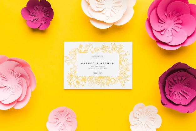 Download Free Psd Wedding Invitation Mock Up With Paper Flowers On Yellow Background PSD Mockup Templates