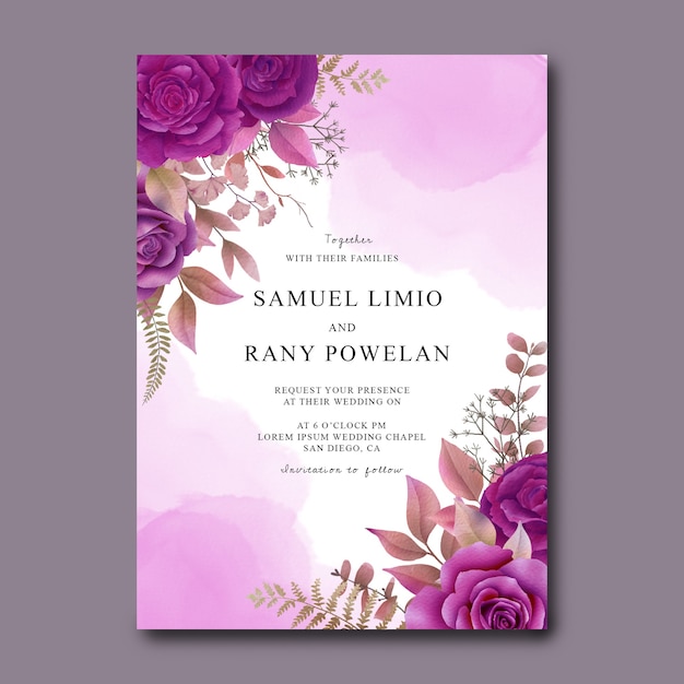 Premium PSD Wedding invitation template with watercolor purple roses