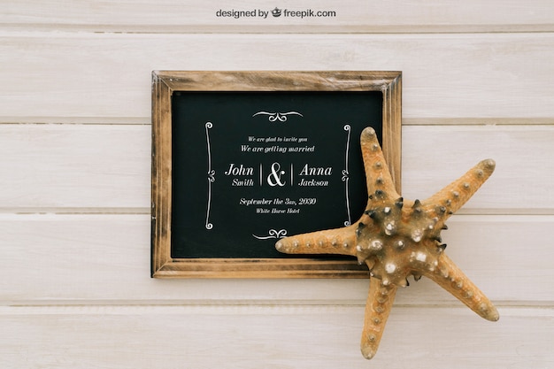 Wedding mock up with blackboard and starfish PSD Template