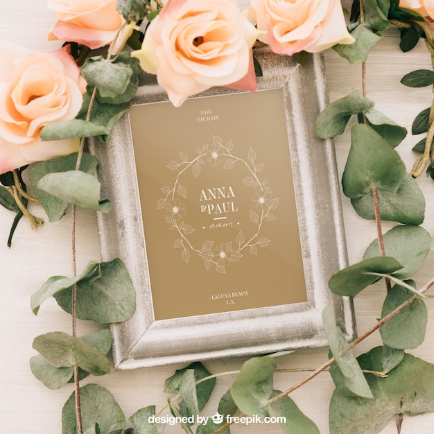 Download Wedding Mock Up With Frame Flowers And Leaves Psd Mockup Free 150 Packaging Psd Mockups Best New Templates PSD Mockup Templates