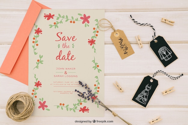 Wedding mock up with invitation and complements PSD Template