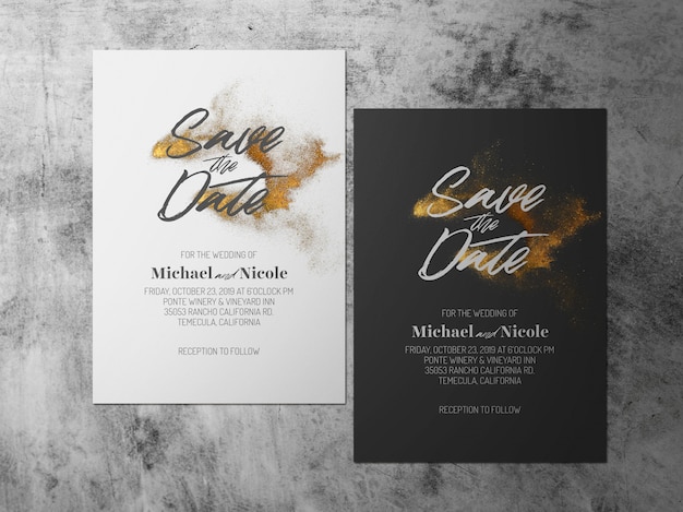 Wedding save the date, one faced gold black white theme card Premium Psd