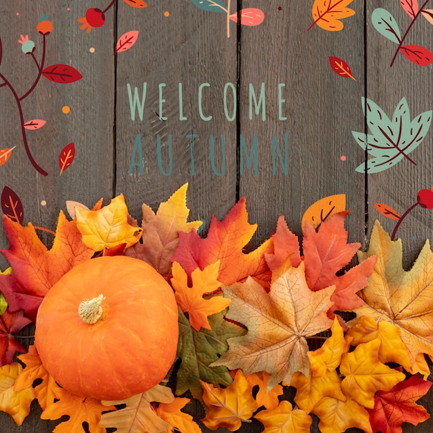 Free PSD | Welcome autumn with full grown pumpkin and leaves