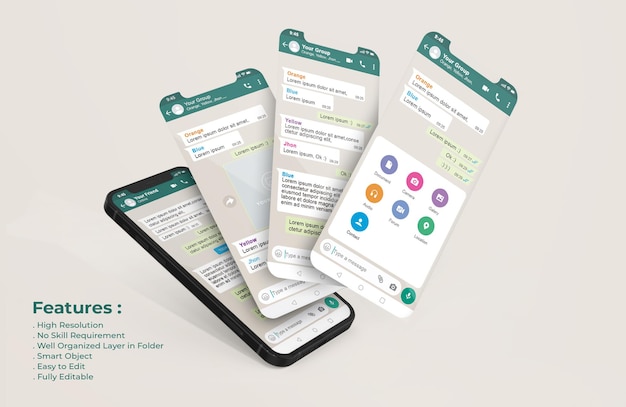 Download Premium PSD | Whatsapp interface template on mobile phone and ui ux app presentation mockup