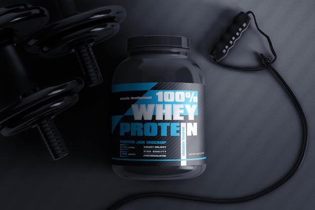 Download Whey protein jar with dumbbell and jump rope mockup ...
