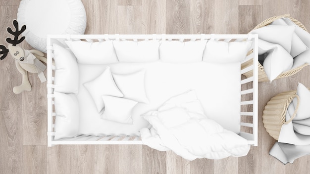 Free PSD | White crib in adorable baby room, top view