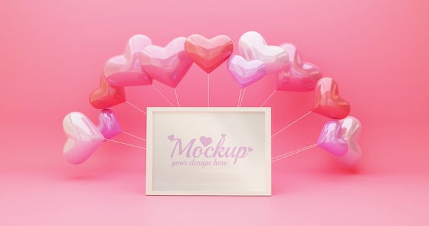 Download White frame mockup with heart shapes balloon in pink color ...